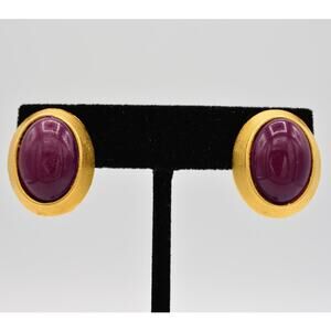 Ellen Designs Vintage Cabochon Clip Earrings Brushed Gold Burgundy Signed BinAE